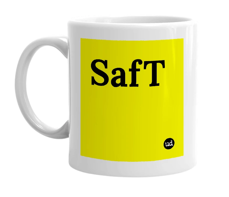 White mug with 'SafT' in bold black letters