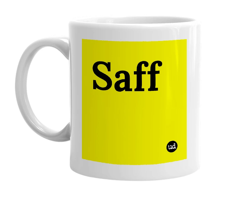 White mug with 'Saff' in bold black letters