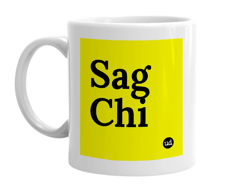 White mug with 'Sag Chi' in bold black letters