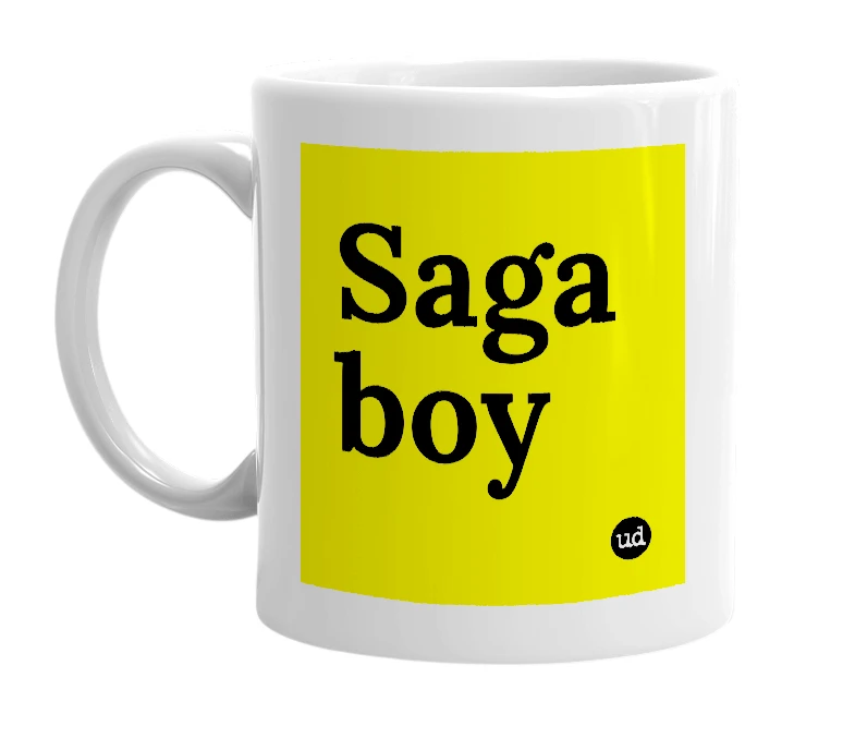 White mug with 'Saga boy' in bold black letters