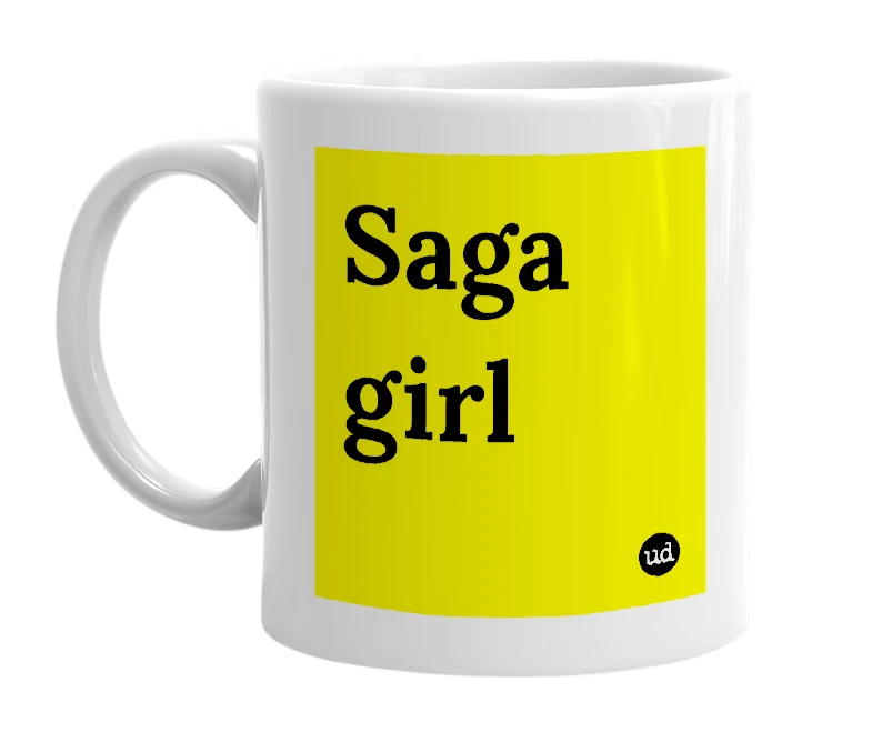 White mug with 'Saga girl' in bold black letters