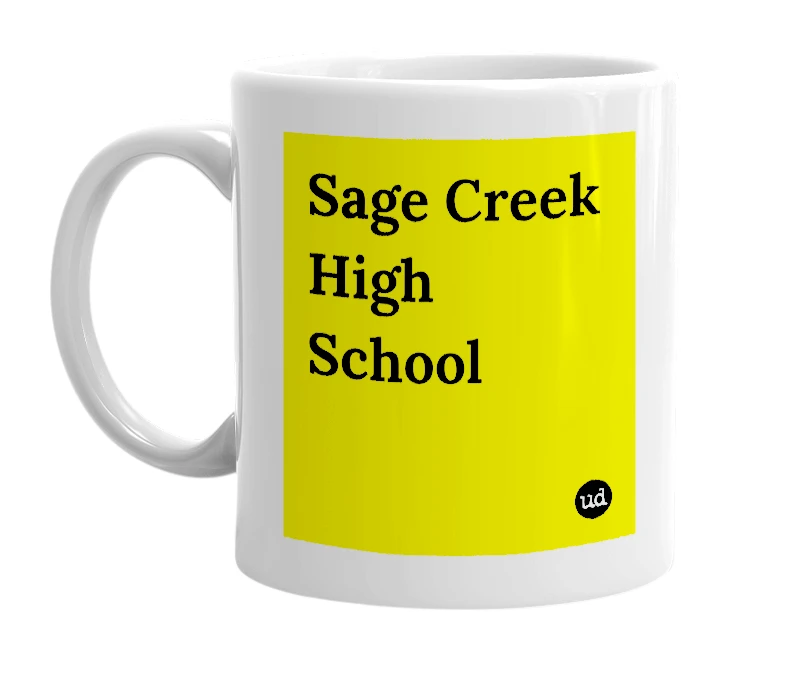White mug with 'Sage Creek High School' in bold black letters