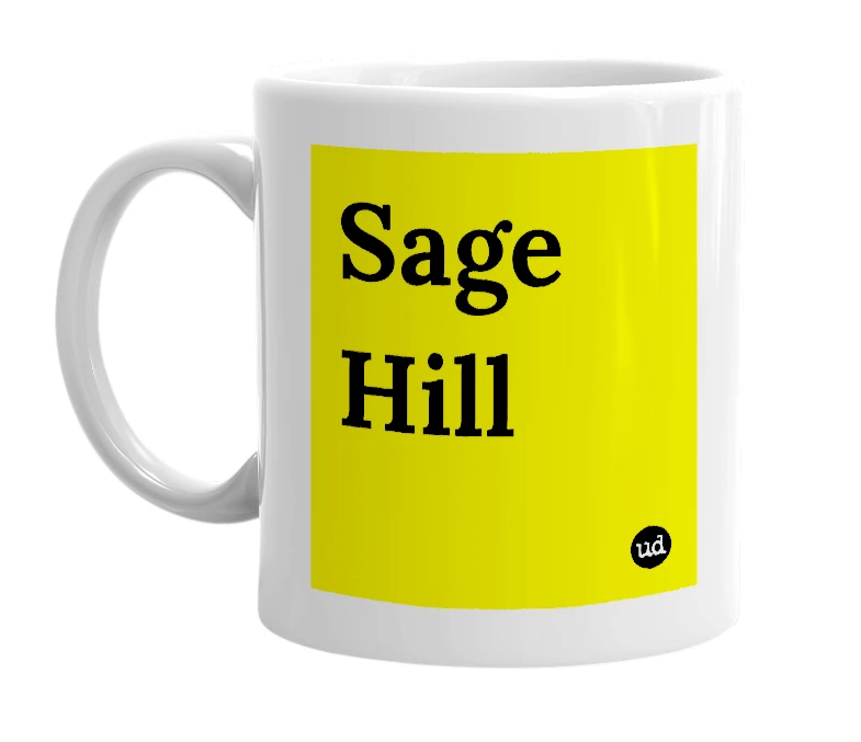 White mug with 'Sage Hill' in bold black letters
