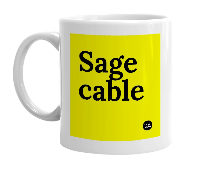 White mug with 'Sage cable' in bold black letters