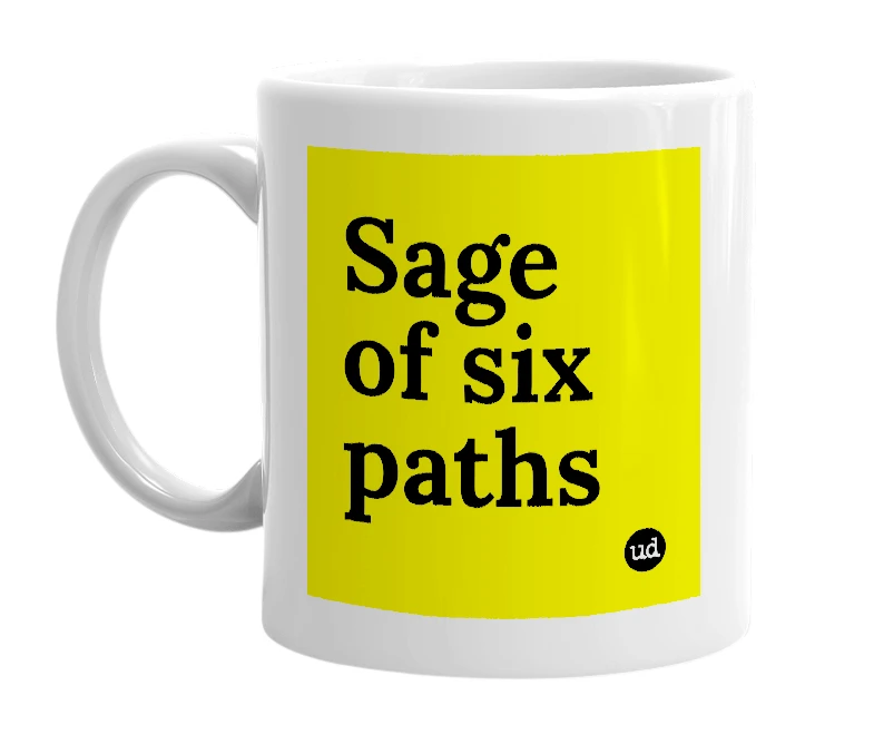 White mug with 'Sage of six paths' in bold black letters