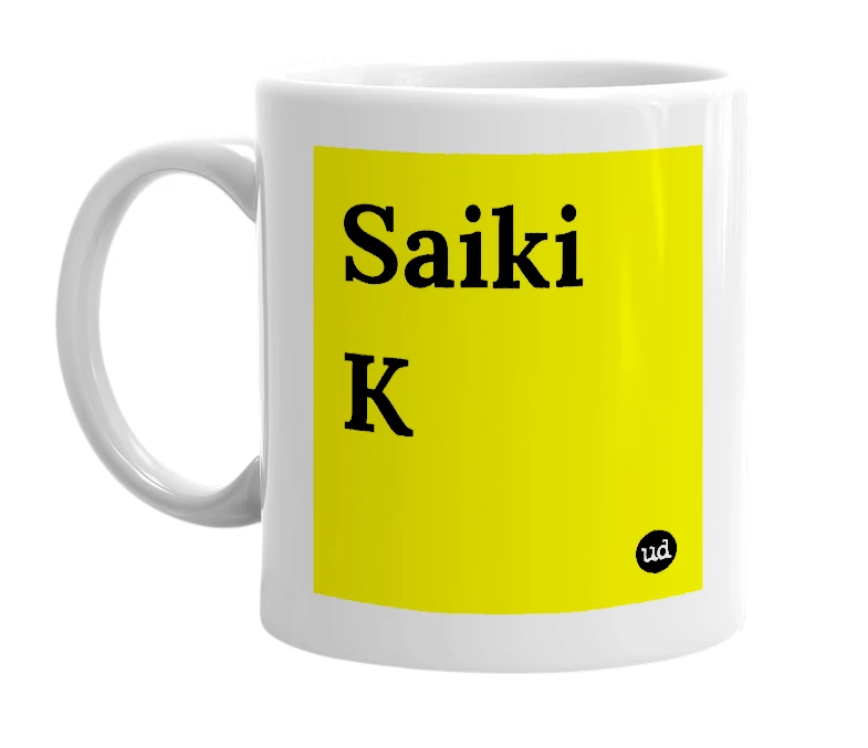 White mug with 'Saiki K' in bold black letters