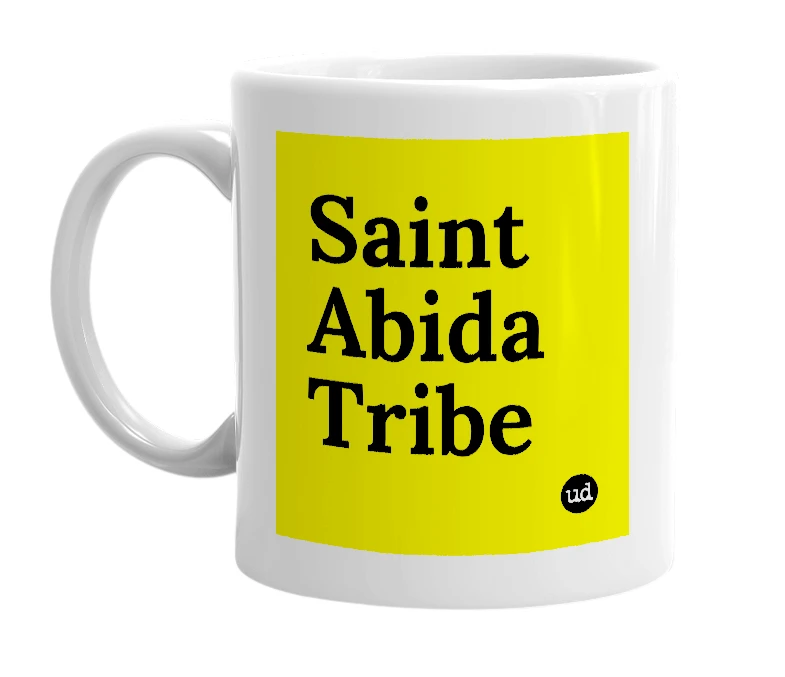 White mug with 'Saint Abida Tribe' in bold black letters