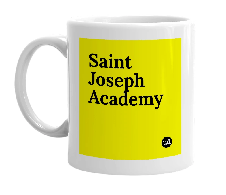 White mug with 'Saint Joseph Academy' in bold black letters