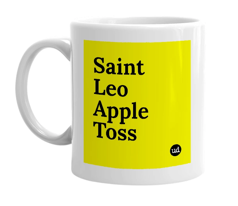 White mug with 'Saint Leo Apple Toss' in bold black letters