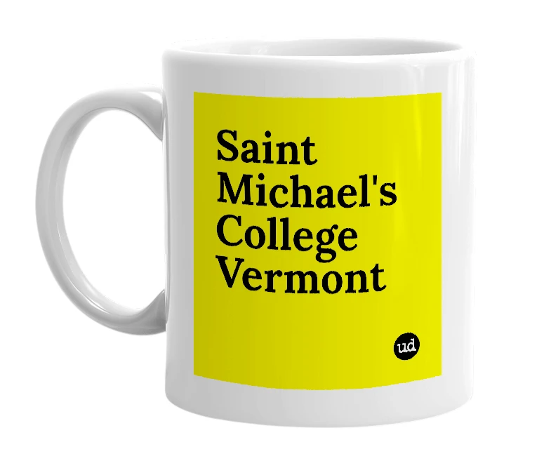 White mug with 'Saint Michael's College Vermont' in bold black letters
