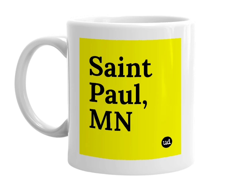 White mug with 'Saint Paul, MN' in bold black letters