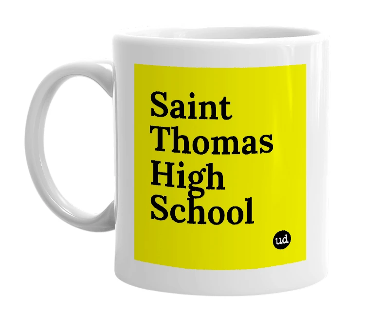 White mug with 'Saint Thomas High School' in bold black letters