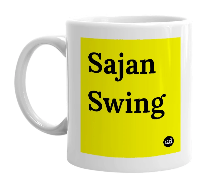White mug with 'Sajan Swing' in bold black letters