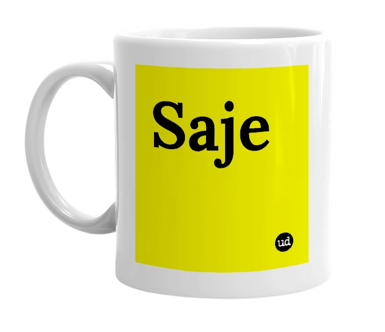 White mug with 'Saje' in bold black letters