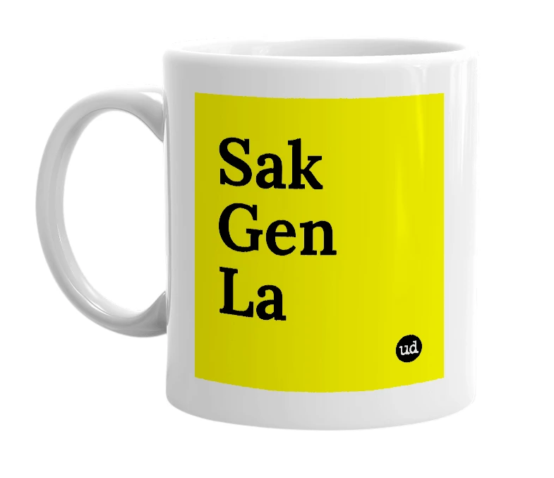 White mug with 'Sak Gen La' in bold black letters