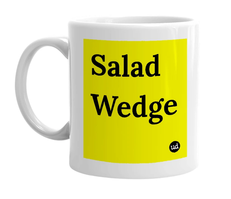 White mug with 'Salad Wedge' in bold black letters