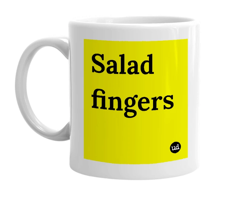 White mug with 'Salad fingers' in bold black letters