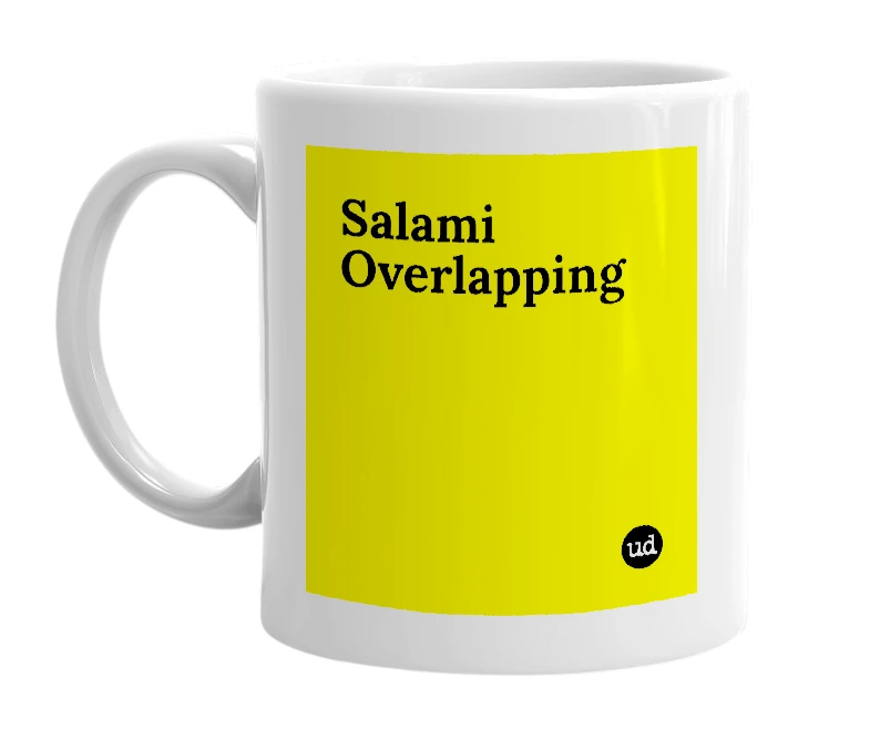 White mug with 'Salami Overlapping' in bold black letters