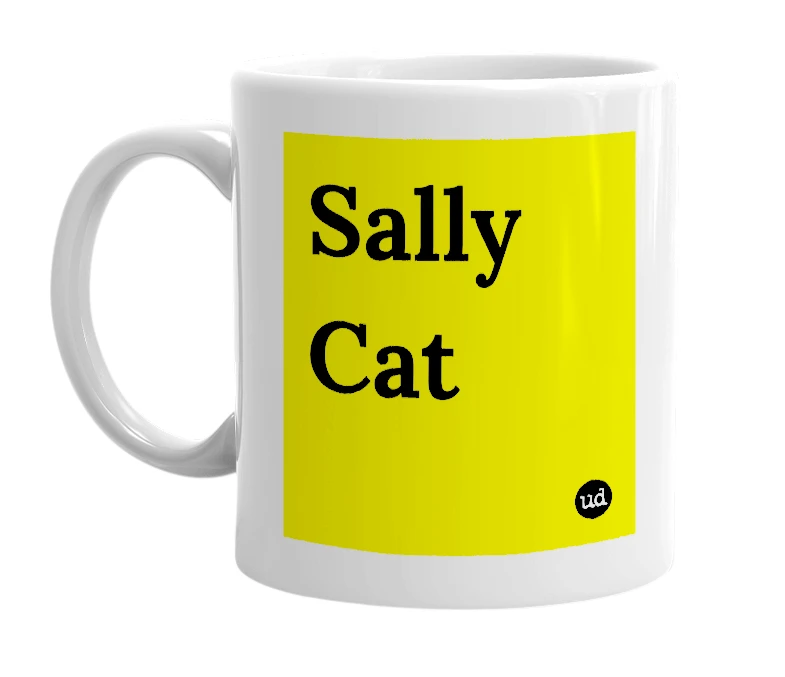 White mug with 'Sally Cat' in bold black letters