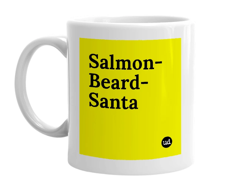 White mug with 'Salmon-Beard-Santa' in bold black letters