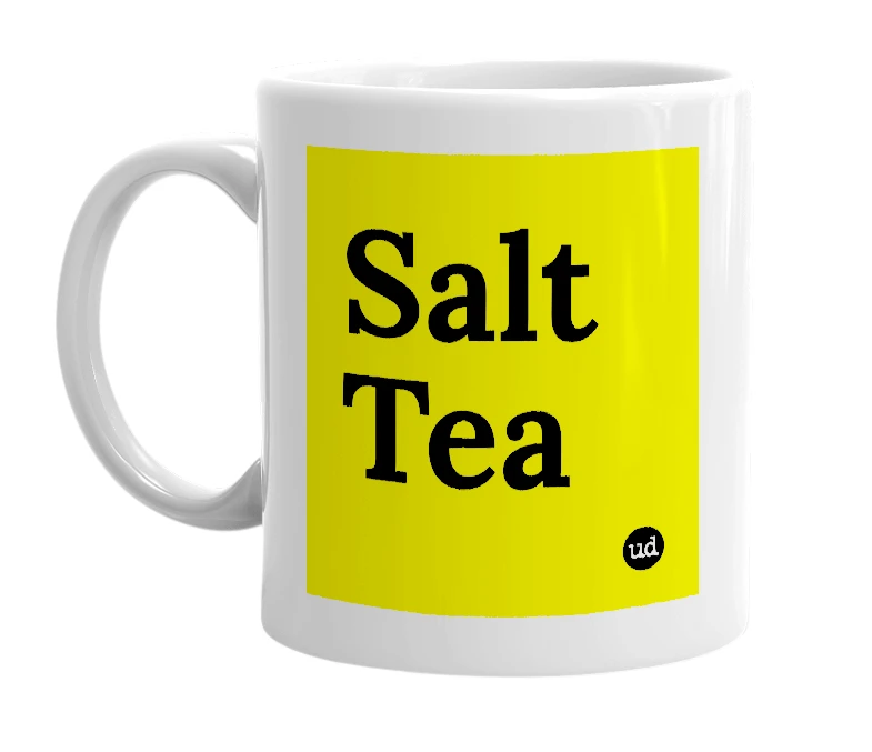 White mug with 'Salt Tea' in bold black letters