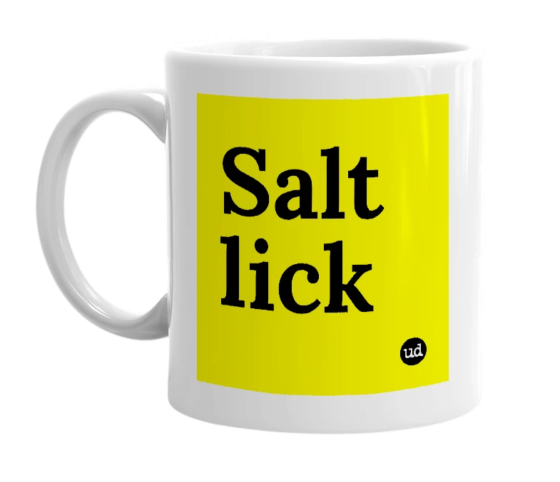 White mug with 'Salt lick' in bold black letters