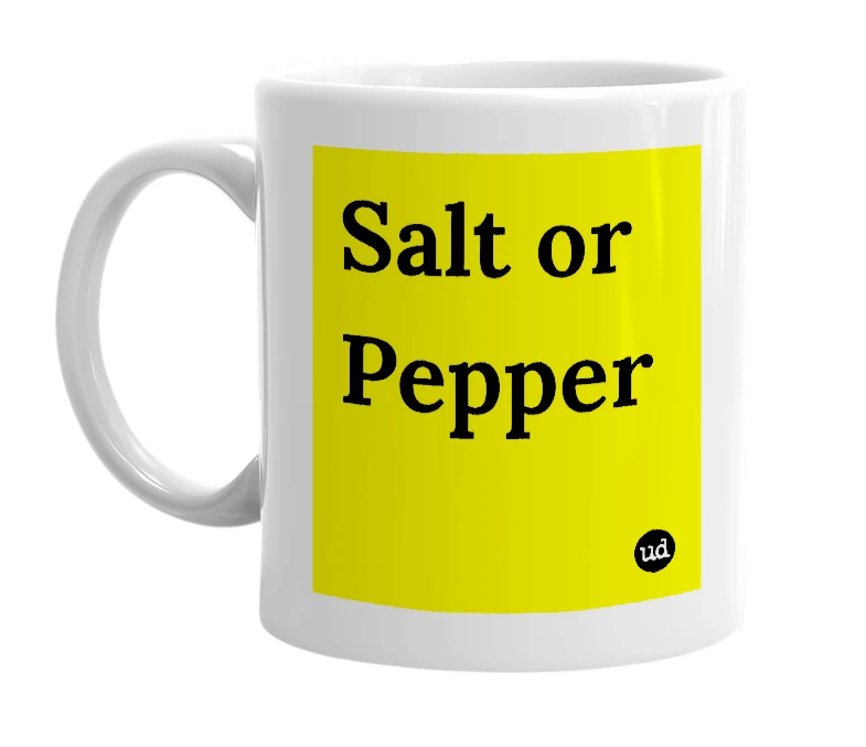 White mug with 'Salt or Pepper' in bold black letters