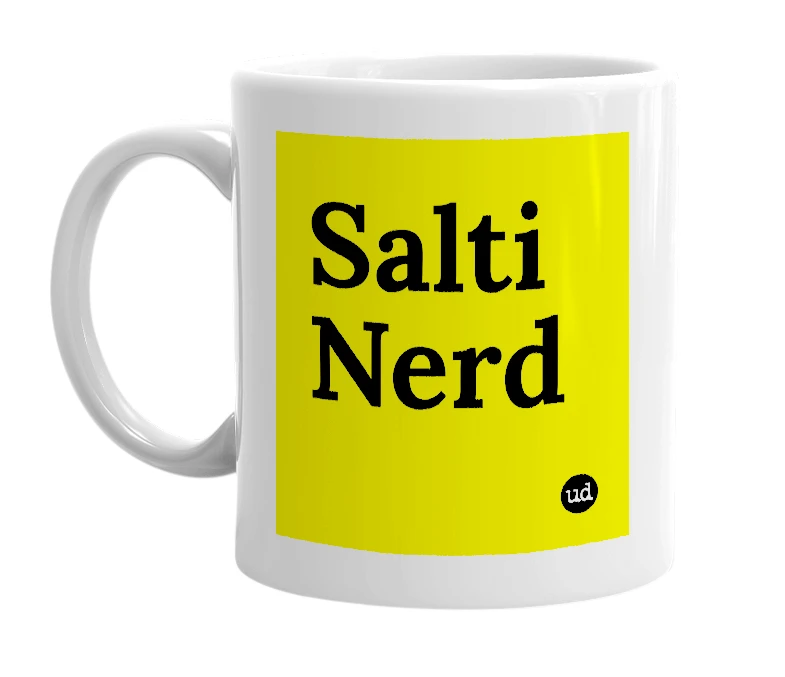 White mug with 'Salti Nerd' in bold black letters