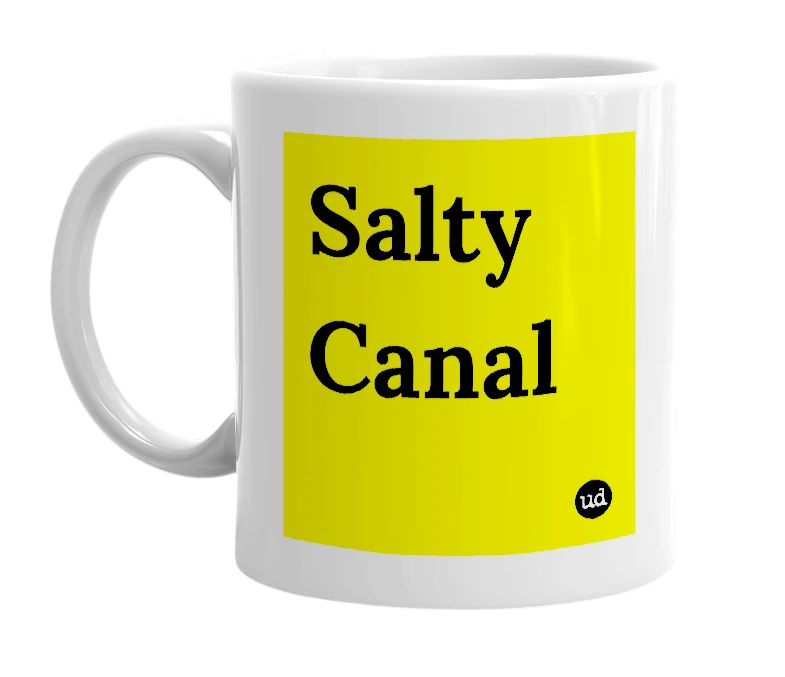 White mug with 'Salty Canal' in bold black letters