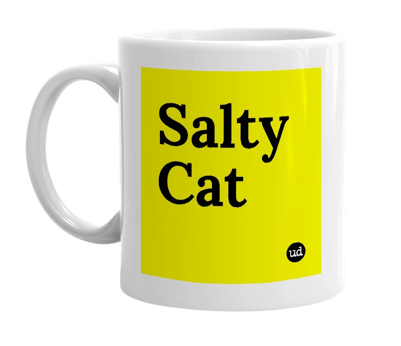 White mug with 'Salty Cat' in bold black letters