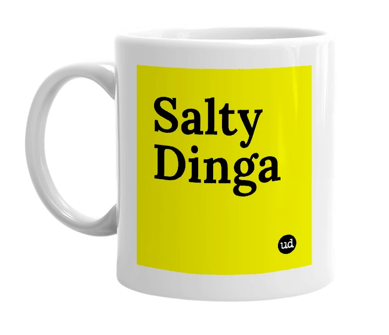 White mug with 'Salty Dinga' in bold black letters