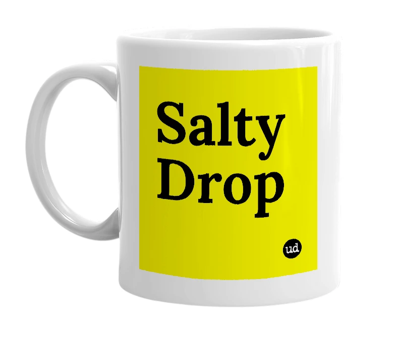 White mug with 'Salty Drop' in bold black letters