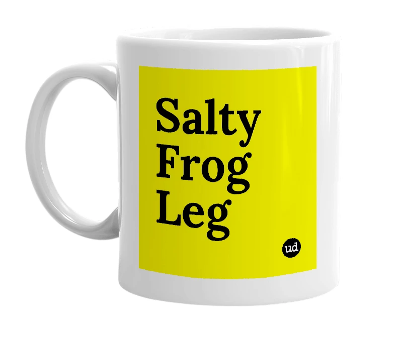 White mug with 'Salty Frog Leg' in bold black letters