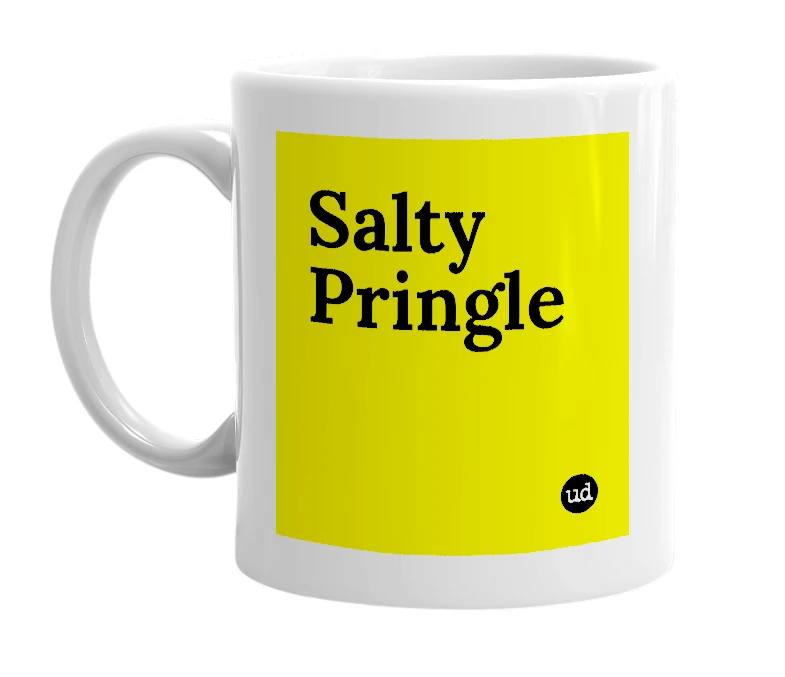 White mug with 'Salty Pringle' in bold black letters