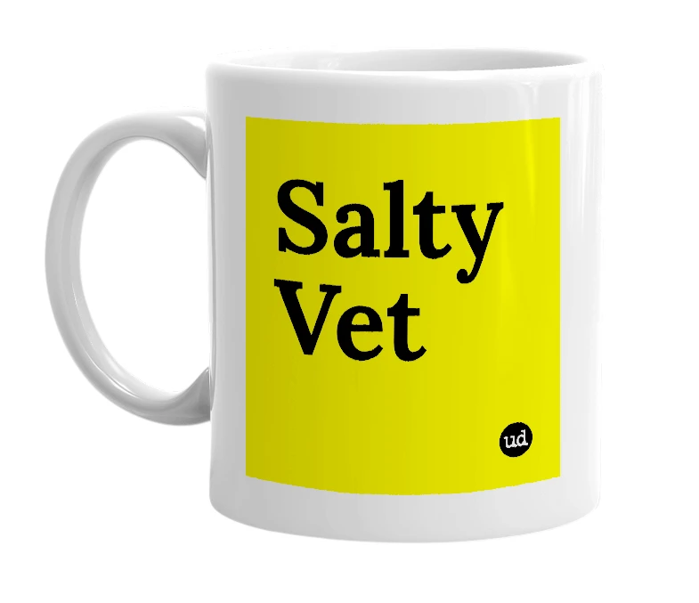 White mug with 'Salty Vet' in bold black letters