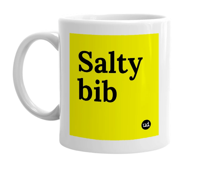 White mug with 'Salty bib' in bold black letters