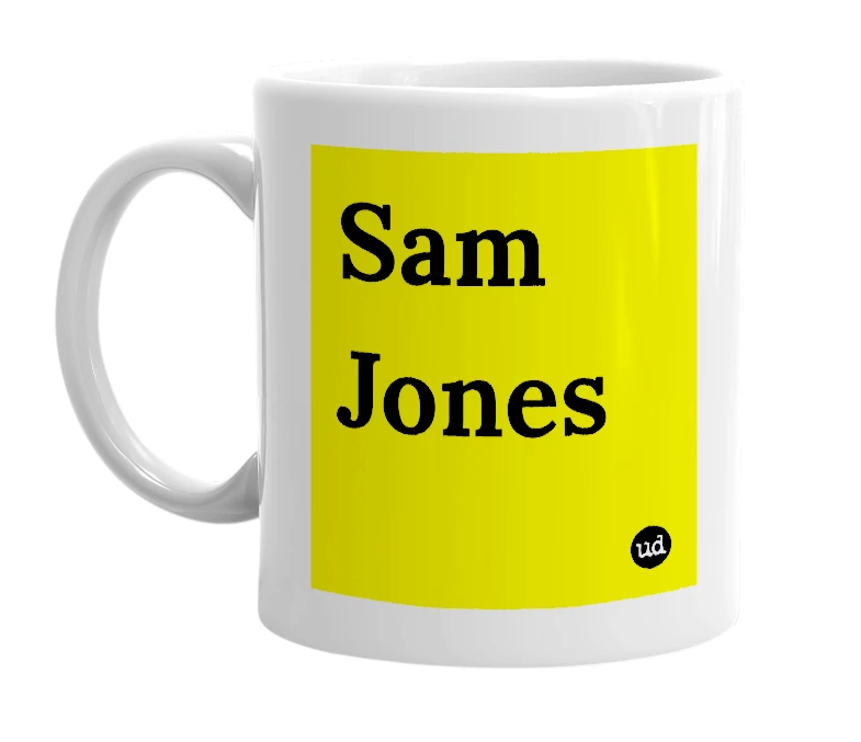 White mug with 'Sam Jones' in bold black letters