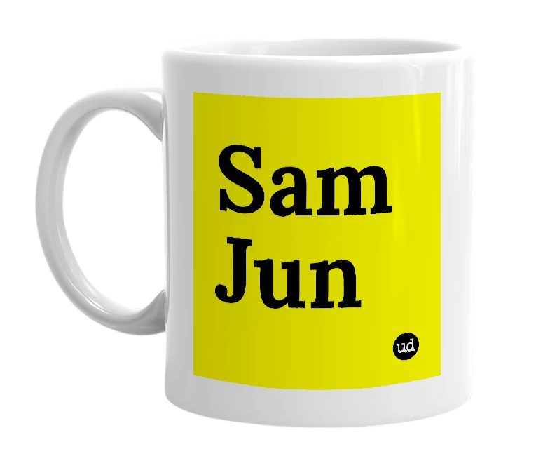 White mug with 'Sam Jun' in bold black letters