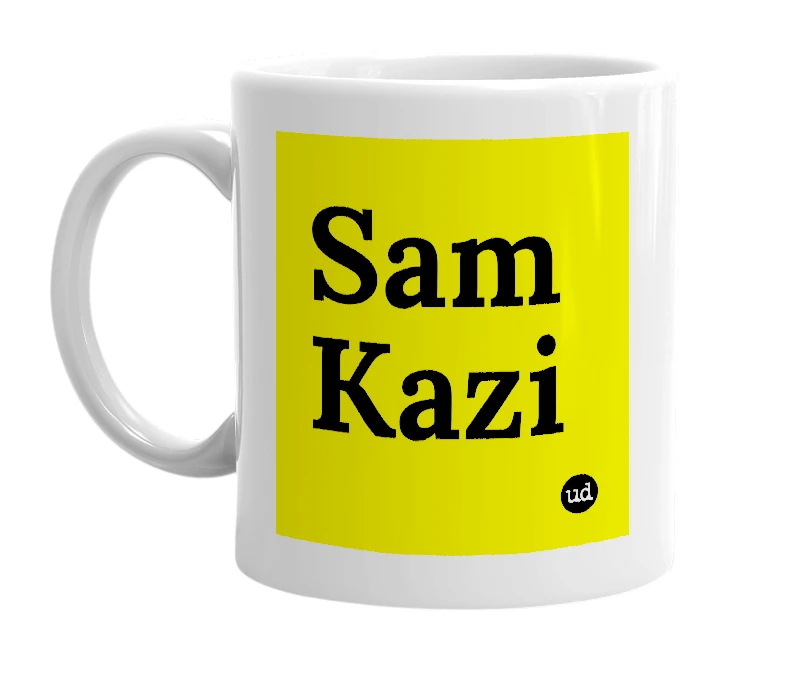 White mug with 'Sam Kazi' in bold black letters