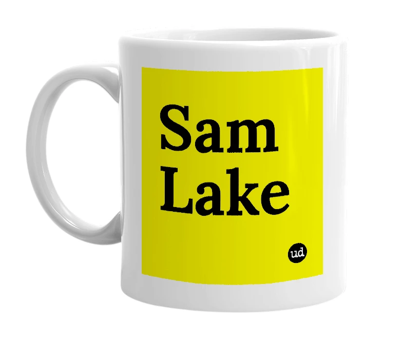 White mug with 'Sam Lake' in bold black letters