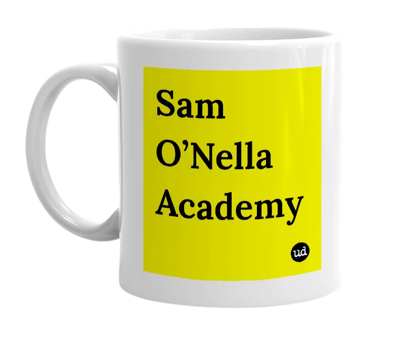 White mug with 'Sam O’Nella Academy' in bold black letters