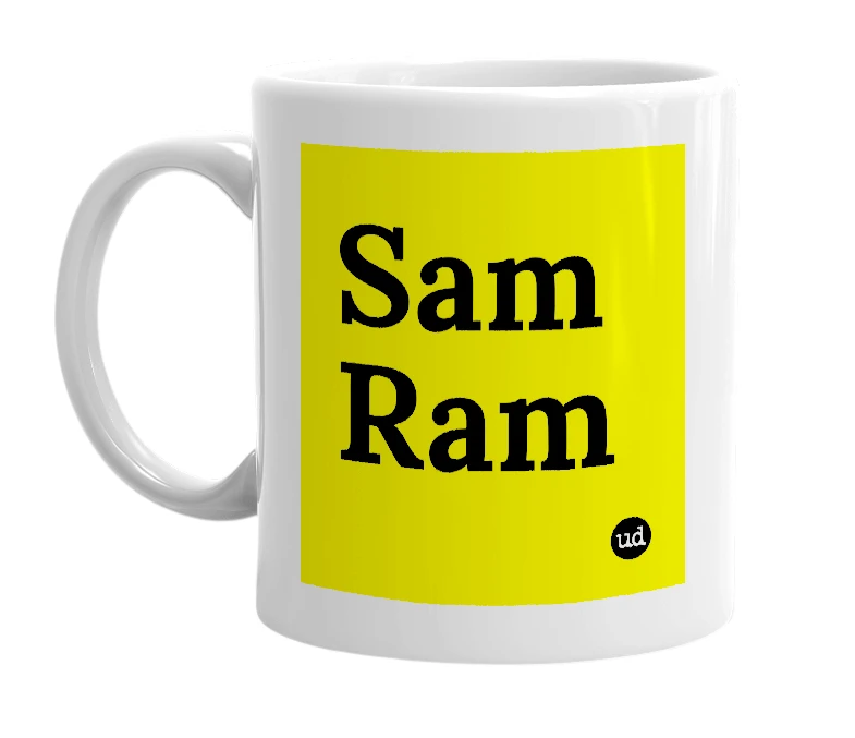 White mug with 'Sam Ram' in bold black letters
