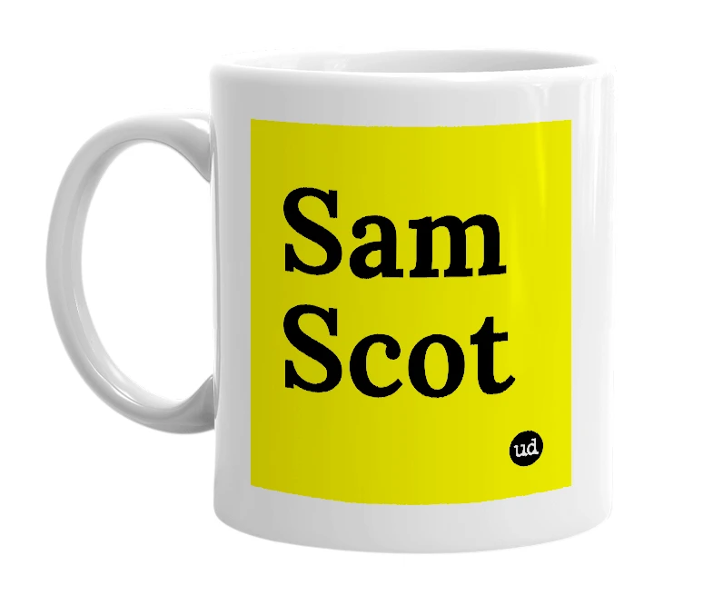 White mug with 'Sam Scot' in bold black letters