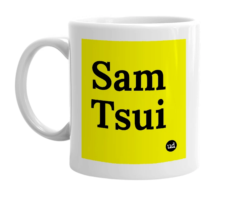 White mug with 'Sam Tsui' in bold black letters