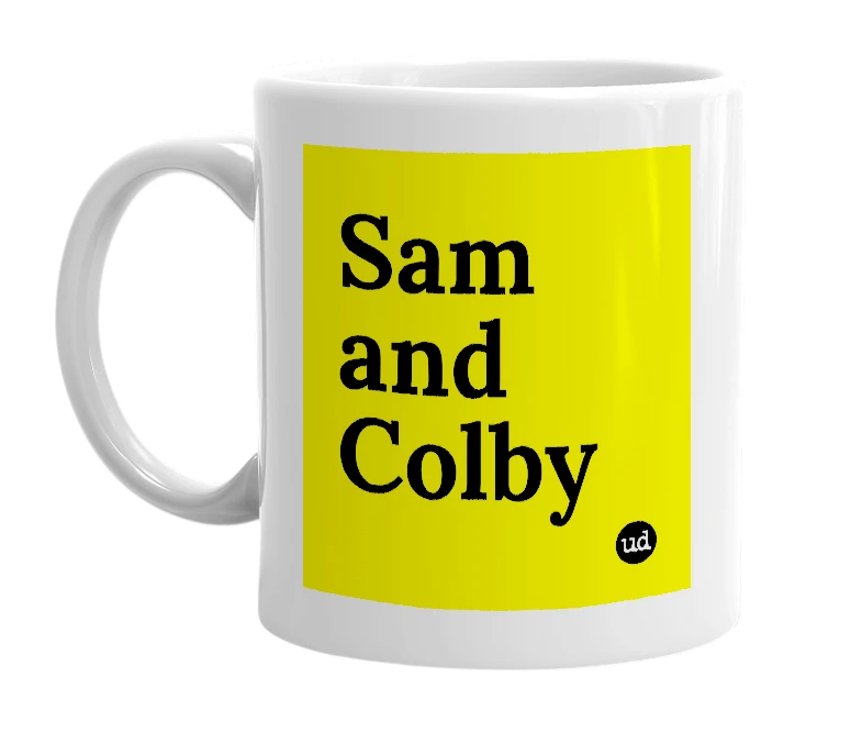 White mug with 'Sam and Colby' in bold black letters