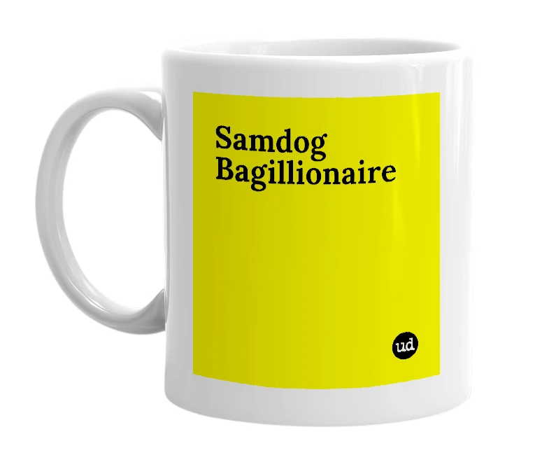 White mug with 'Samdog Bagillionaire' in bold black letters