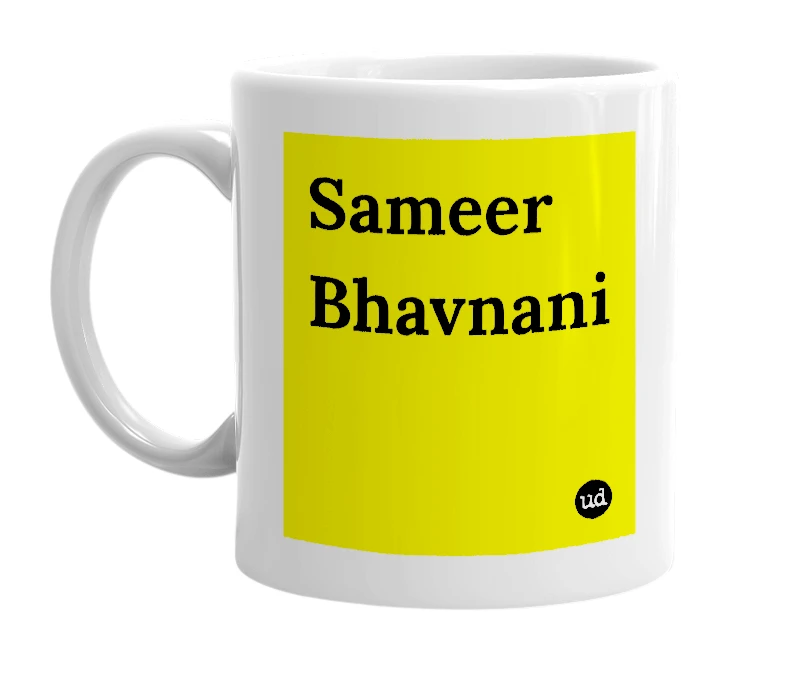 White mug with 'Sameer Bhavnani' in bold black letters