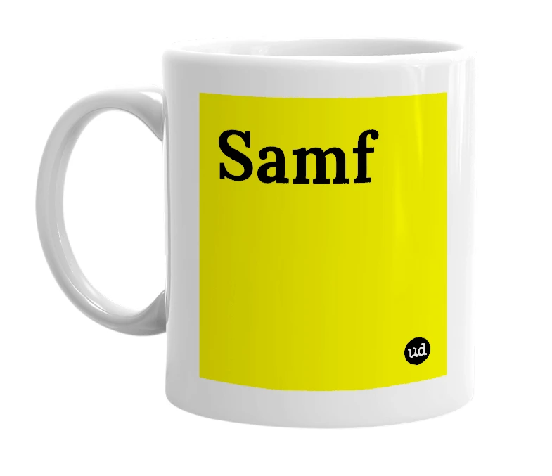 White mug with 'Samf' in bold black letters