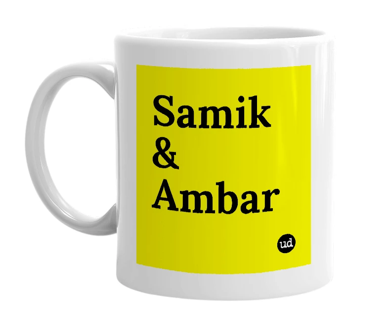 White mug with 'Samik & Ambar' in bold black letters