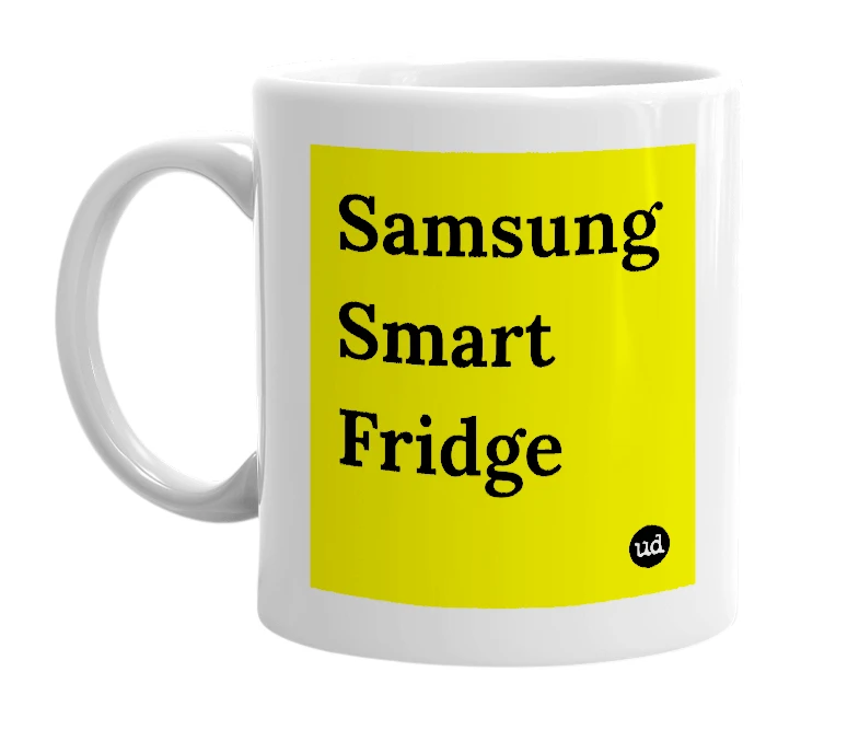 White mug with 'Samsung Smart Fridge' in bold black letters